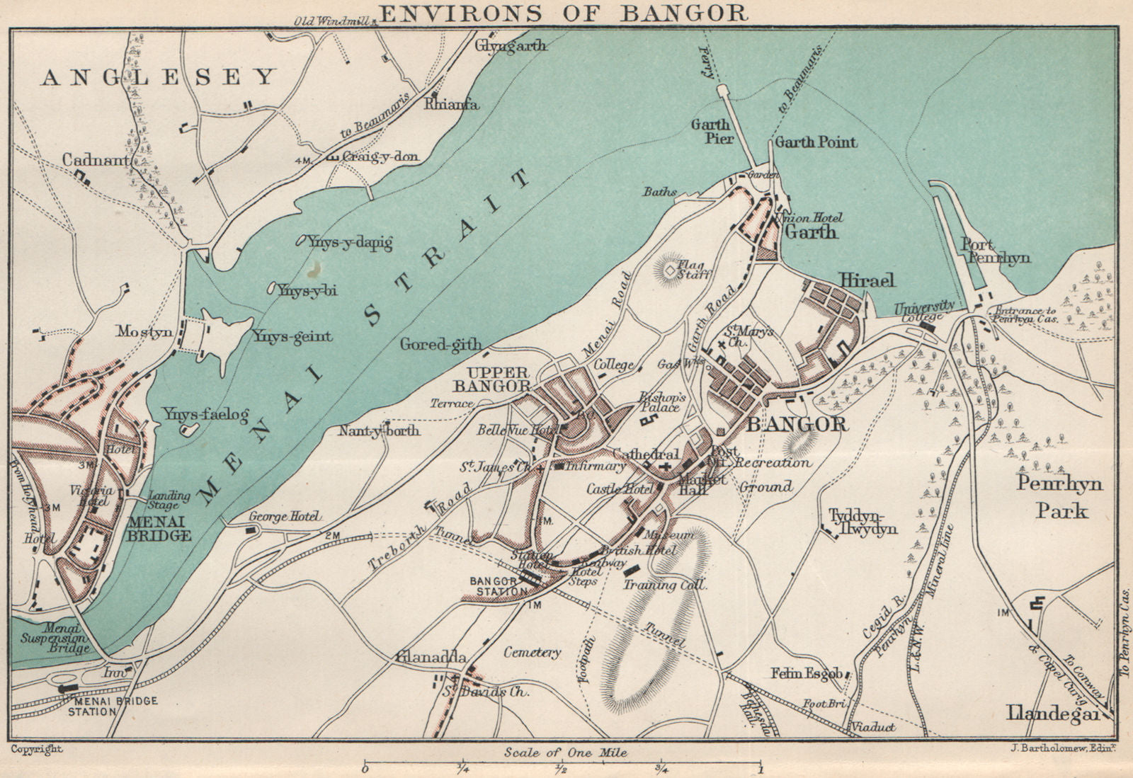 BANGOR. Town/city plan & environs. Menai Bridge. Menai Strait. Anglesey 1902 map